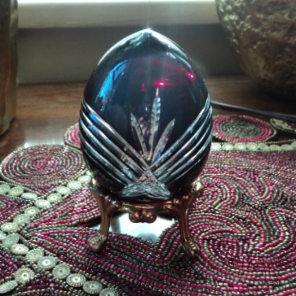 vintage Bohemian Czech crystal cut egg with stand